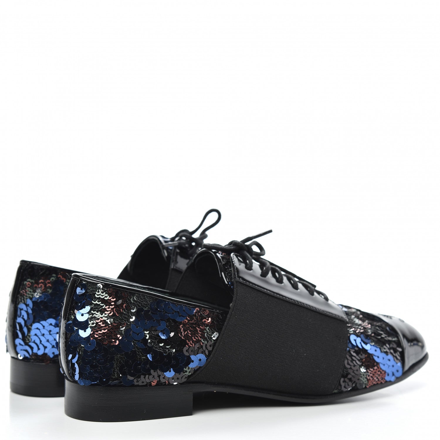 Chanel Patent Calfskin Sequin CC Cap Toe Womens Lace Up Oxfords 36 Blue Black 4 of 8
