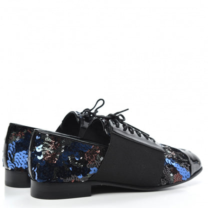 Chanel Patent Calfskin Sequin CC Cap Toe Womens Lace Up Oxfords 36 Blue Black 4 of 8