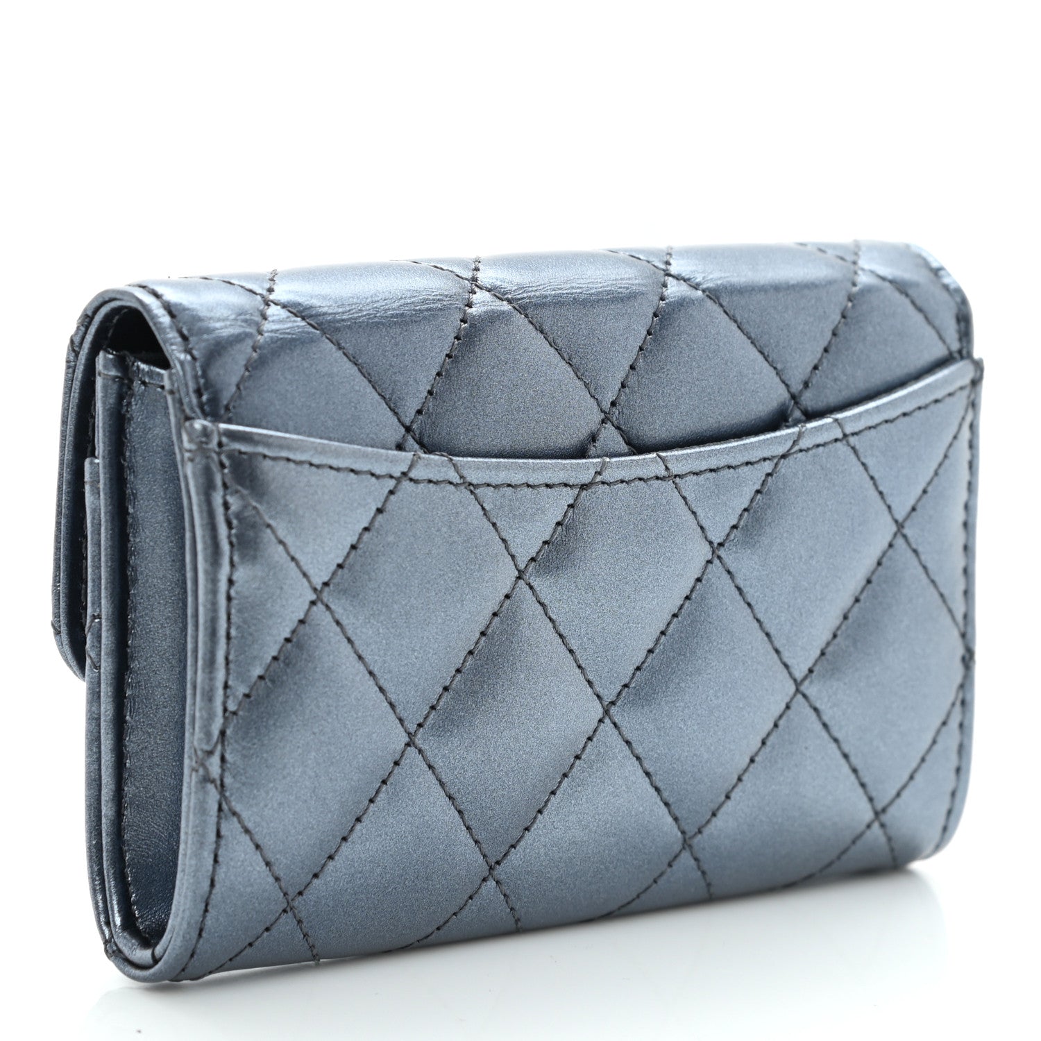 Chanel Metallic Lambskin Quilted Flap Card Holder Wallet Dark Blue 3 of 11