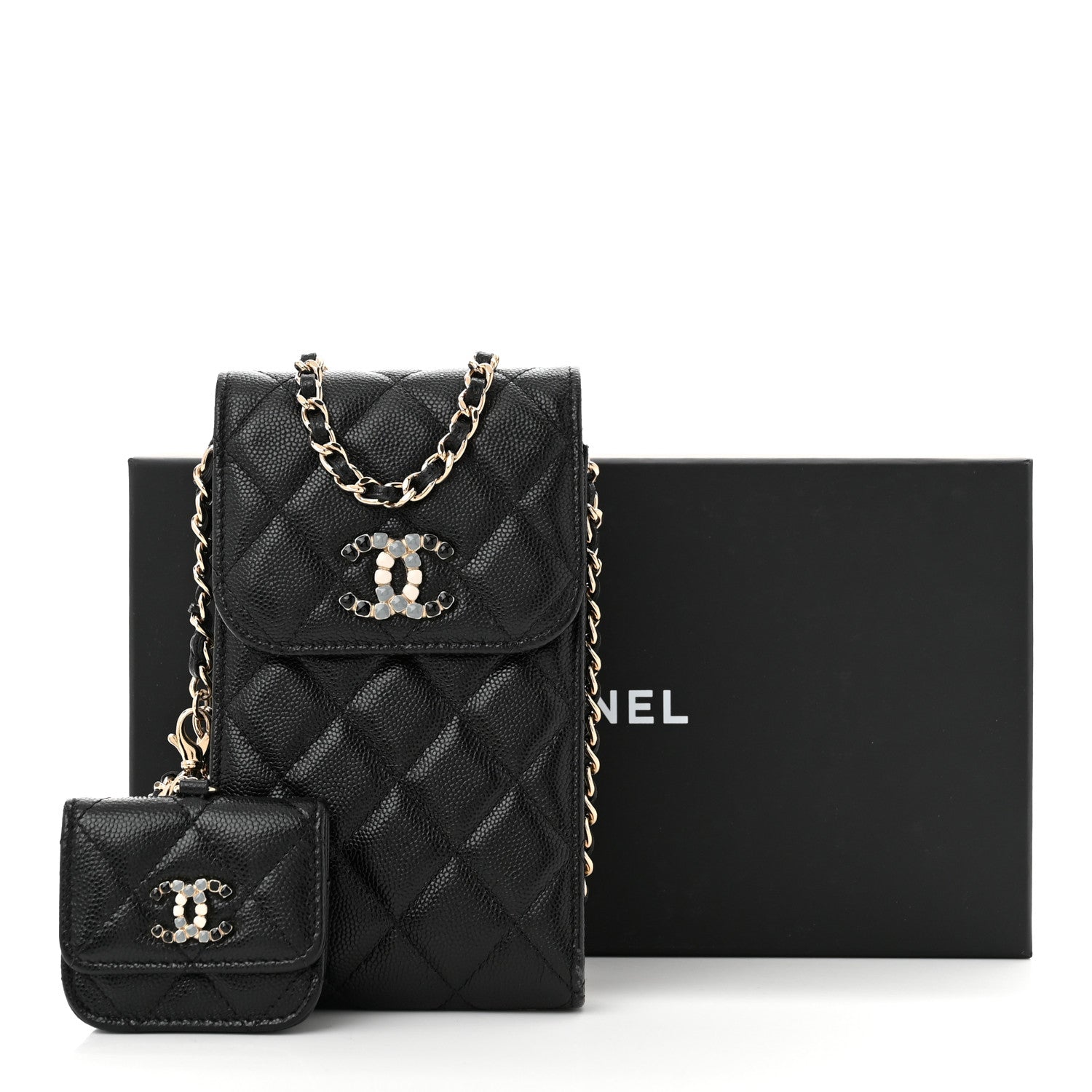 Chanel Caviar Quilted Crystal CC Airpods Pro and Phone Case With Chain Black 12 of 12