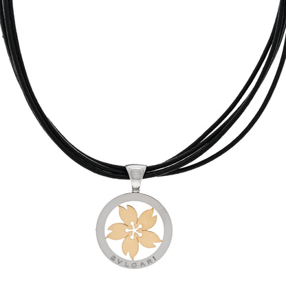 Bulgari Stainless Steel 18K Yellow Gold Calfskin Tondo Sakura Flower Pendant Necklace 1 of 4