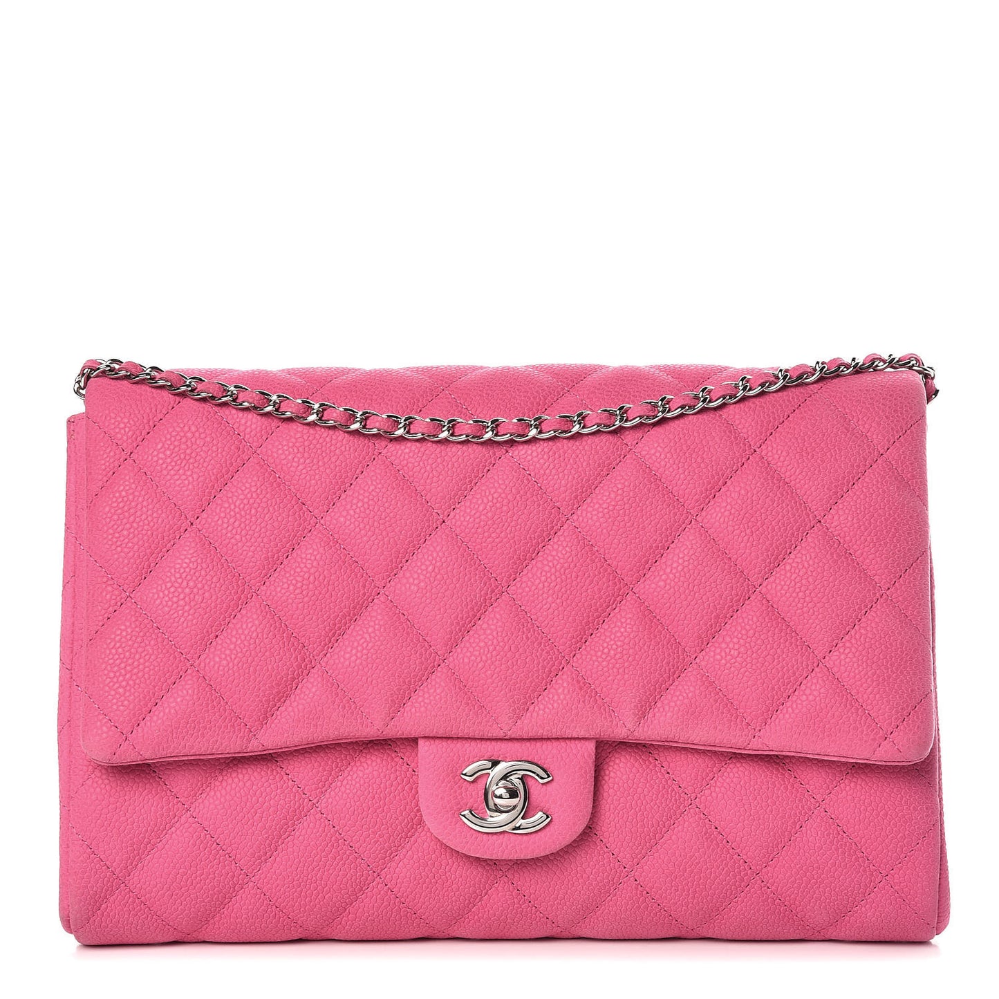 Iridescent Caviar Clutch with Chain Flap Pink