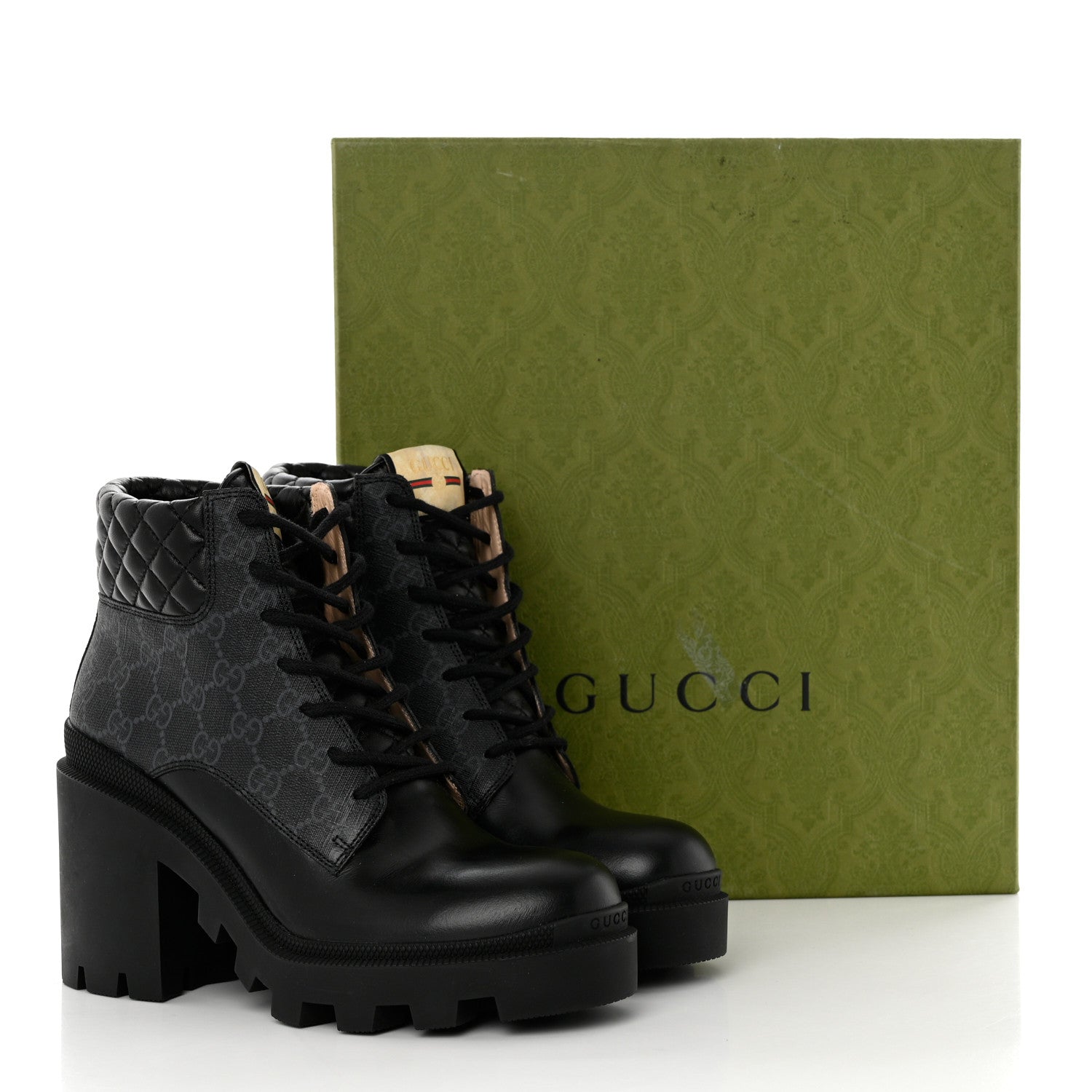 Gucci Apollo Calfskin GG Supreme Nappa Samoa Quilted Lace Up Ankle Boots 39 Black 9 of 9