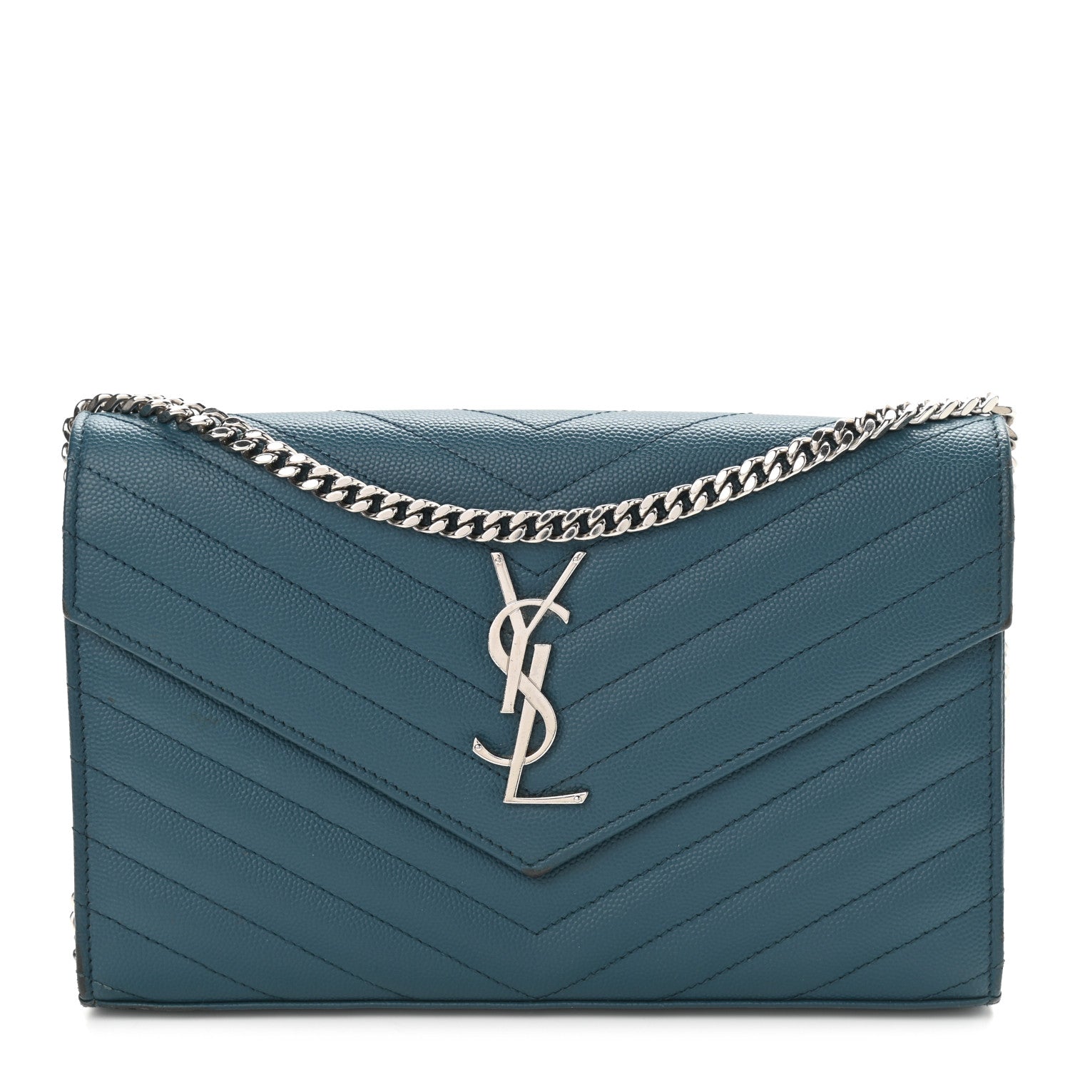 Saint Laurent Grain De Poudre Matelasse Chevron Medium Monogram Chain Wallet Peacock Green 1 of 15