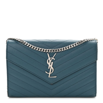 Saint Laurent Grain De Poudre Matelasse Chevron Medium Monogram Chain Wallet Peacock Green 1 of 15
