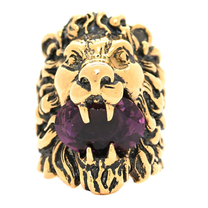 Gucci Metal Crystal Lion Head Ring 5.25 Purple Aged Gold 1 of 7