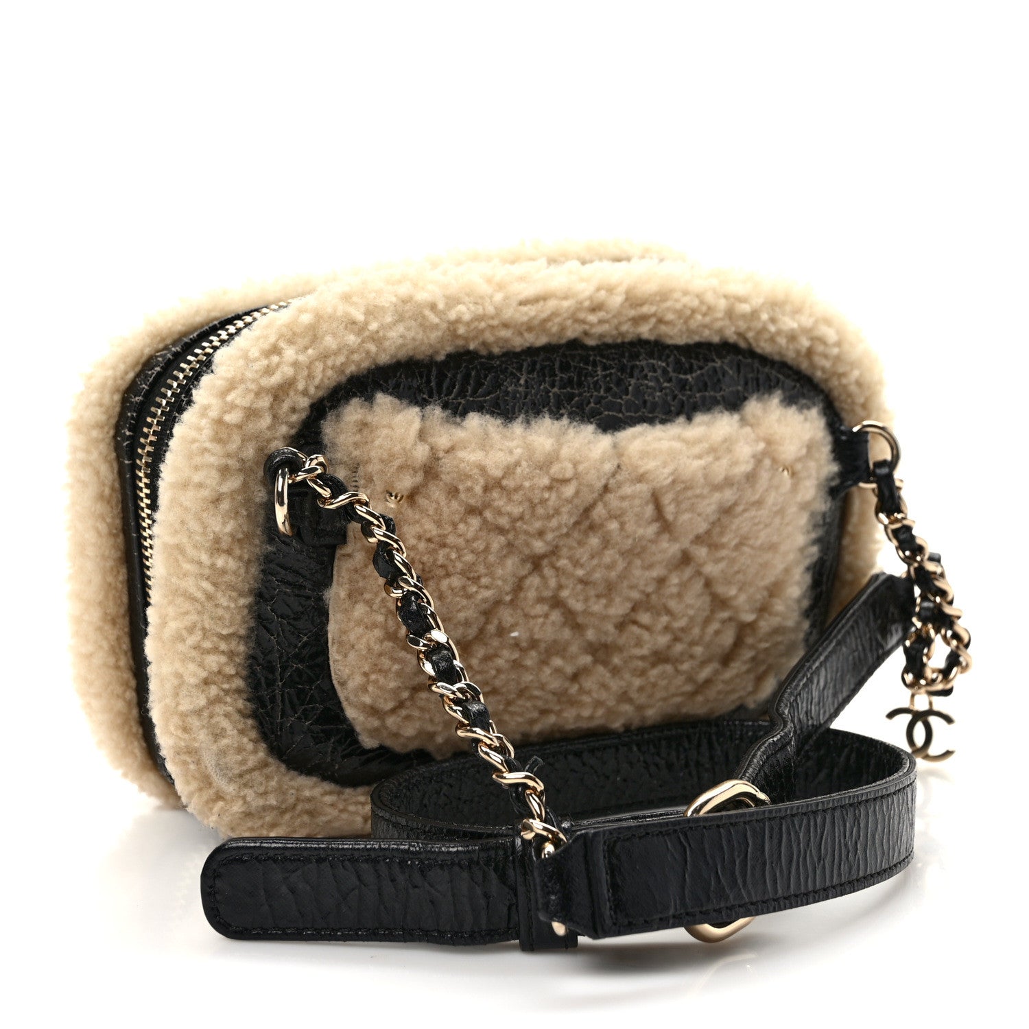 Chanel Shiny Crumpled Sheepskin Shearling Waist Bag Black Beige 3 of 10