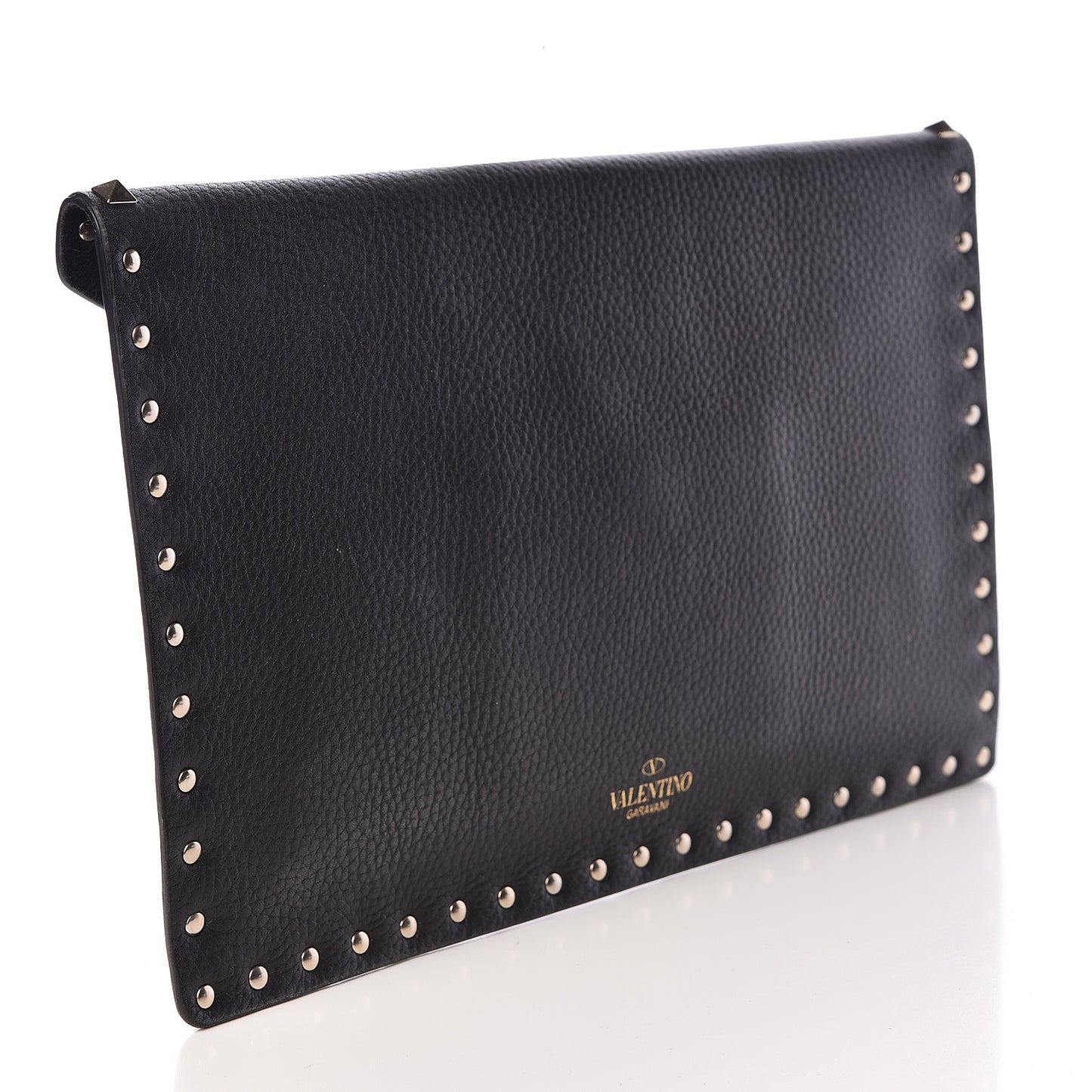 Pebbled Calfskin Large Rockstud Envelope Clutch Black