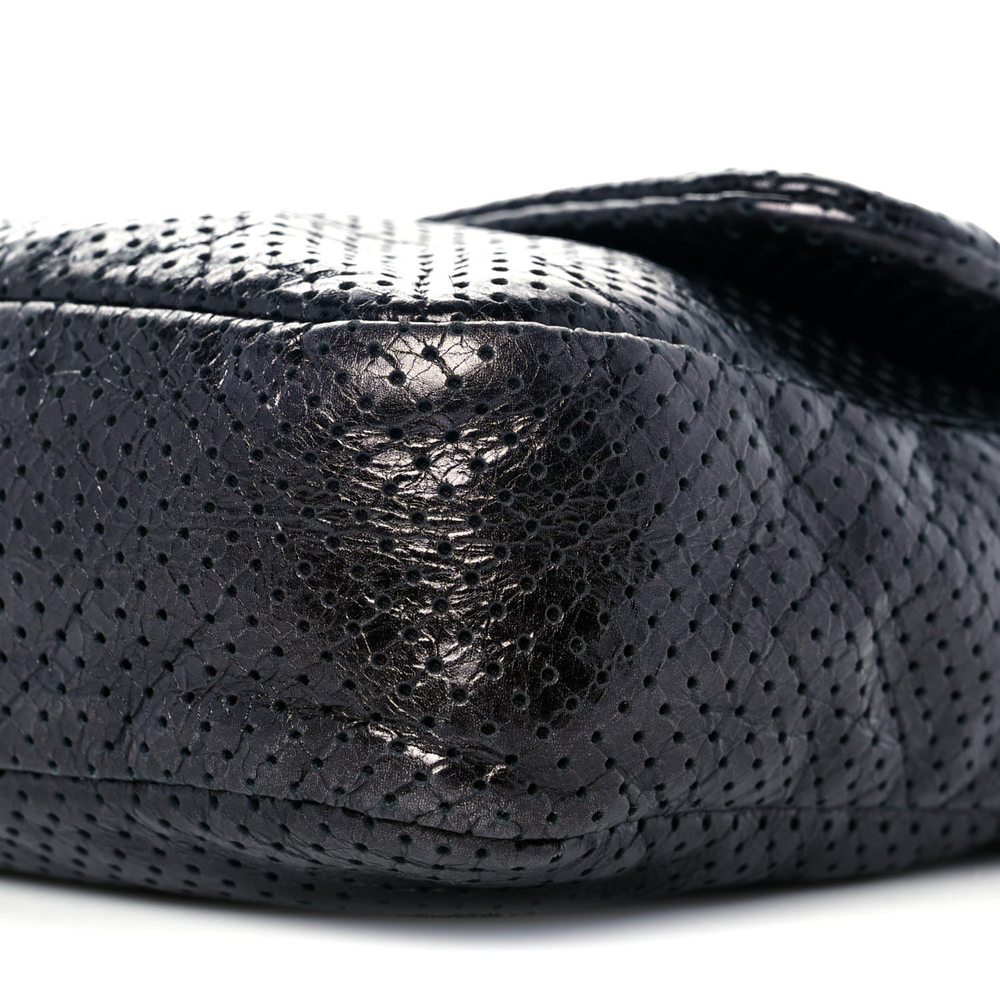 Metallic Crackled Calfskin Large Perforated Drill Flap Black