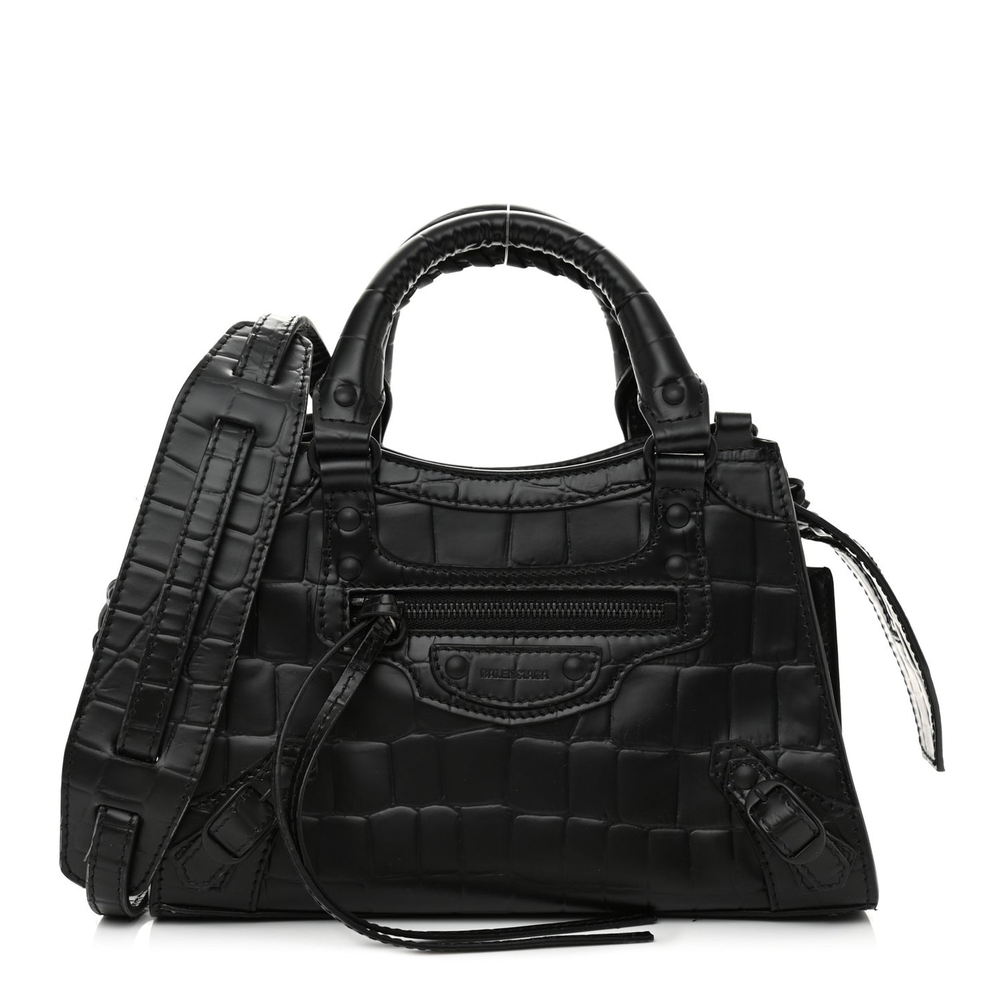 Semi Shiny Calfskin Crocodile Embossed Neo Classic Black Hardware Mini City Black