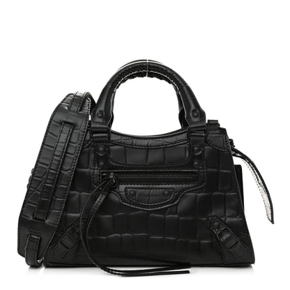 Balenciaga Semi Shiny Calfskin Crocodile Embossed Neo Classic Black Hardware Mini City Black 1 of 13