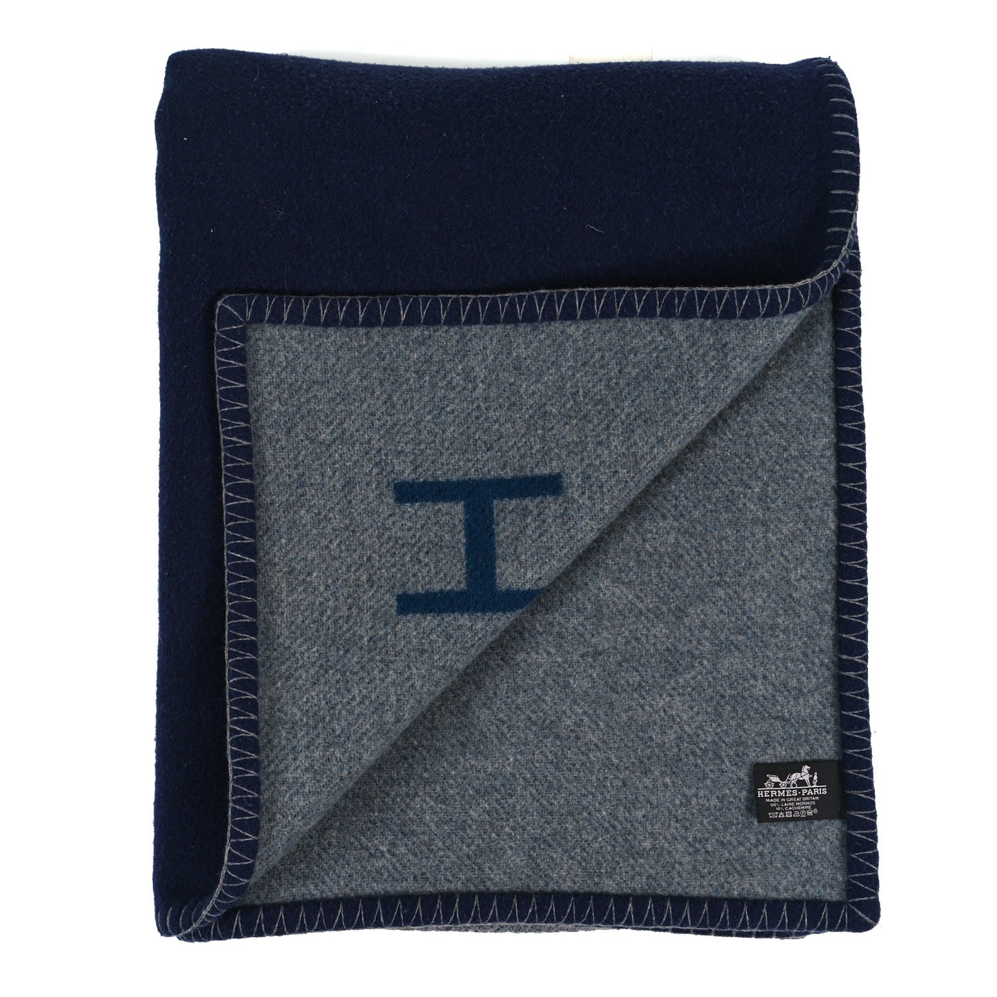 Wool Cashmere H Casaque Blanket Marine Acier