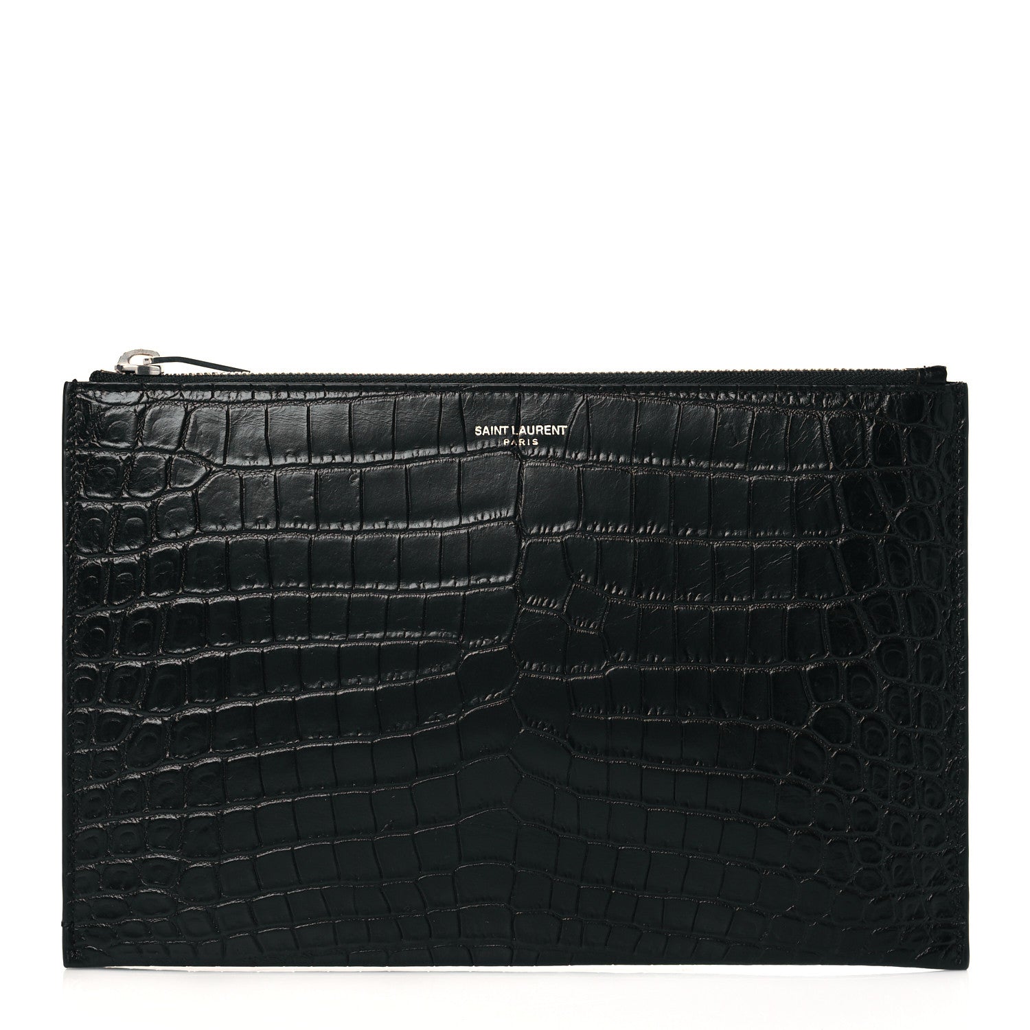 Saint Laurent Calfskin Crocodile Embossed Zip Mini Tablet Sleeve Black 1 of 10