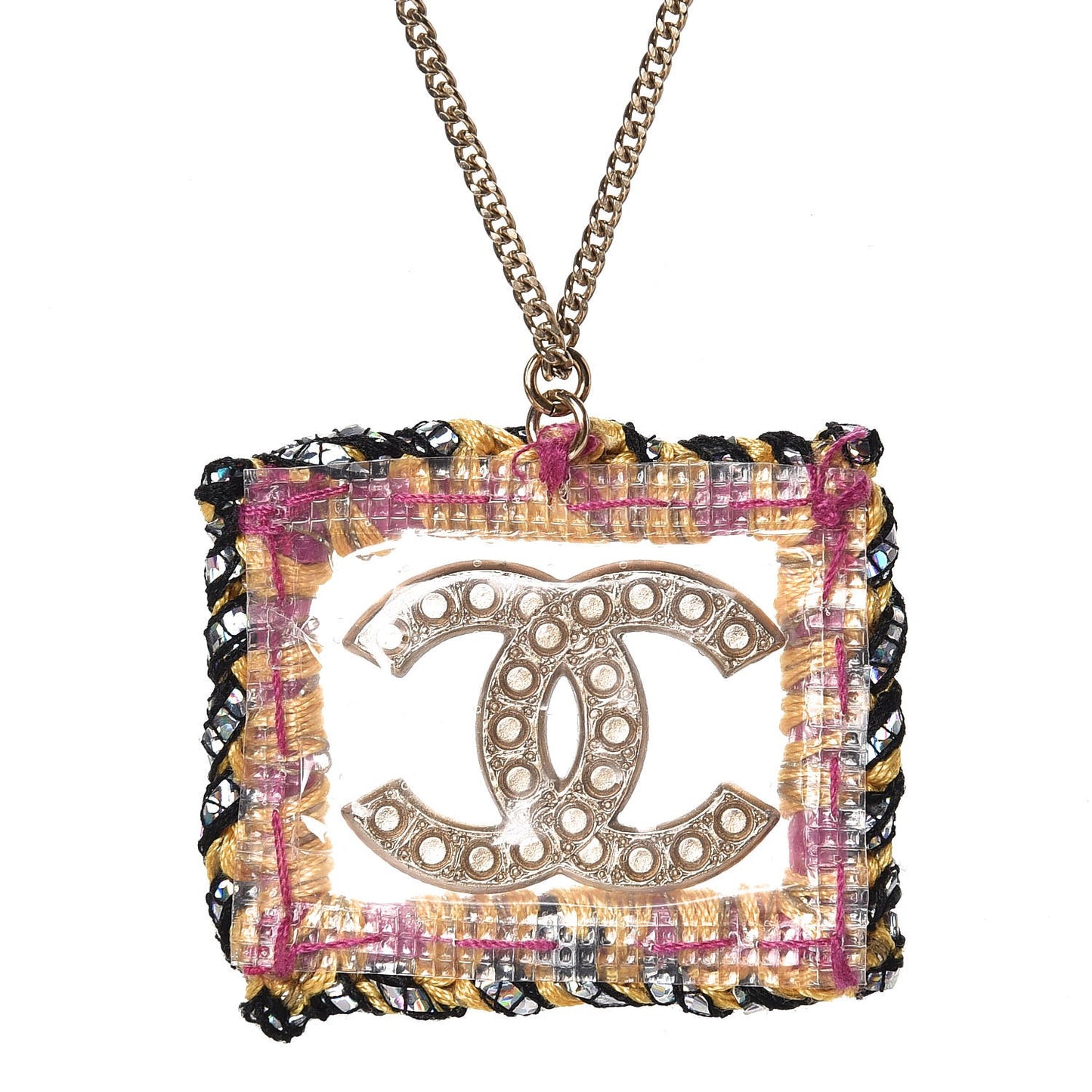 Tweed Pearl CC Medallion Necklace Multicolor