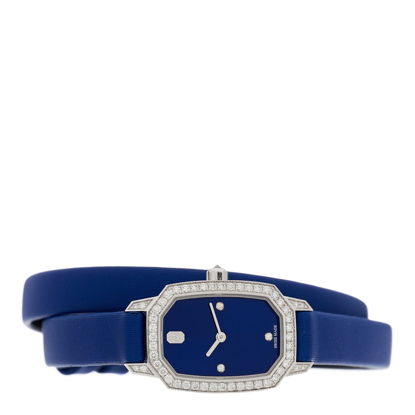 18K White Gold Satin Diamond Bezel 17mm Emerald Quartz Watch Blue