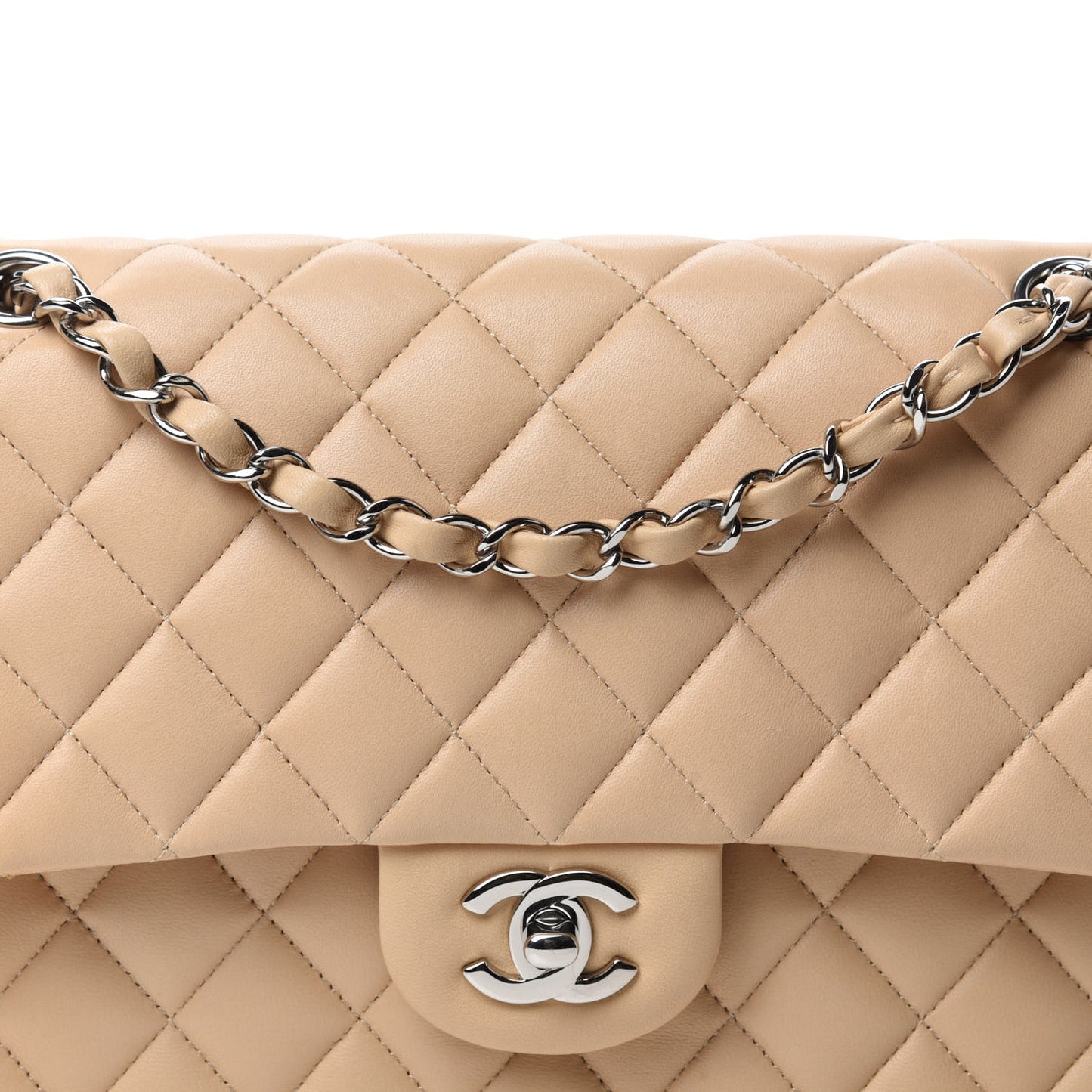 Lambskin Quilted Medium Double Flap Beige