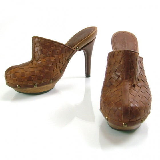 Leather Woven Clogs Brown 36