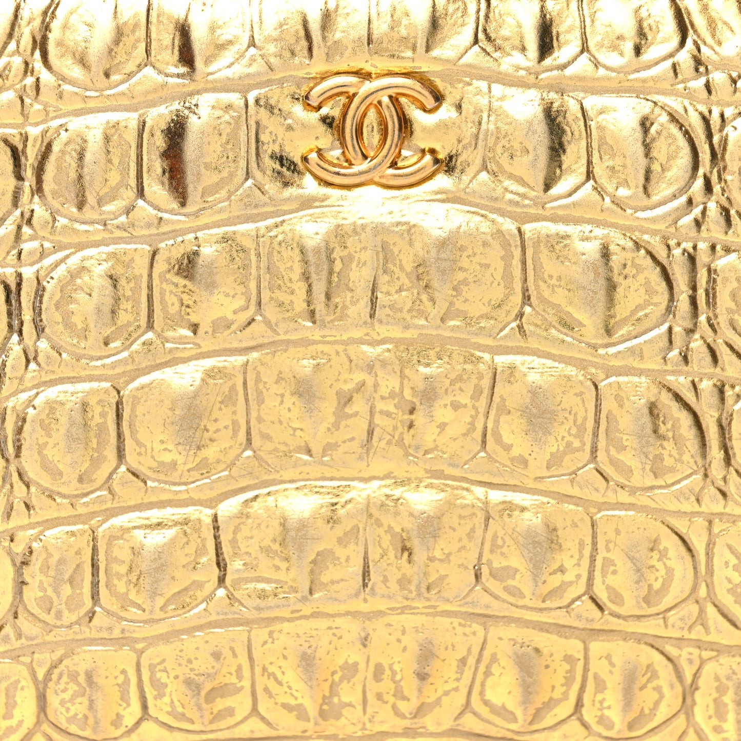 Metallic Calfskin Crocodile Embossed Cocodile Small Cosmetic Case Gold