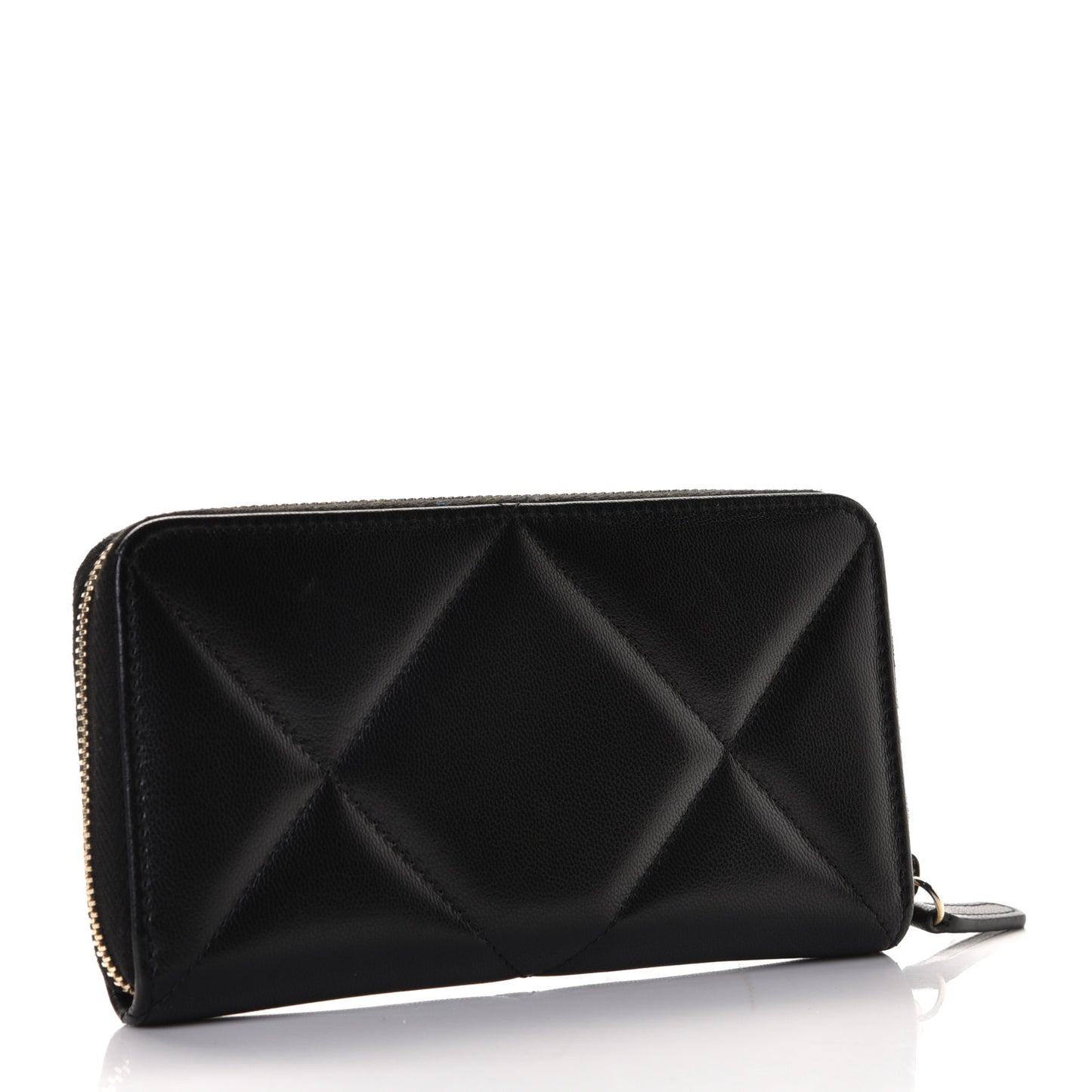 Shiny Goatskin Quilted Chanel 19 Long Zipped Around Wallet Black