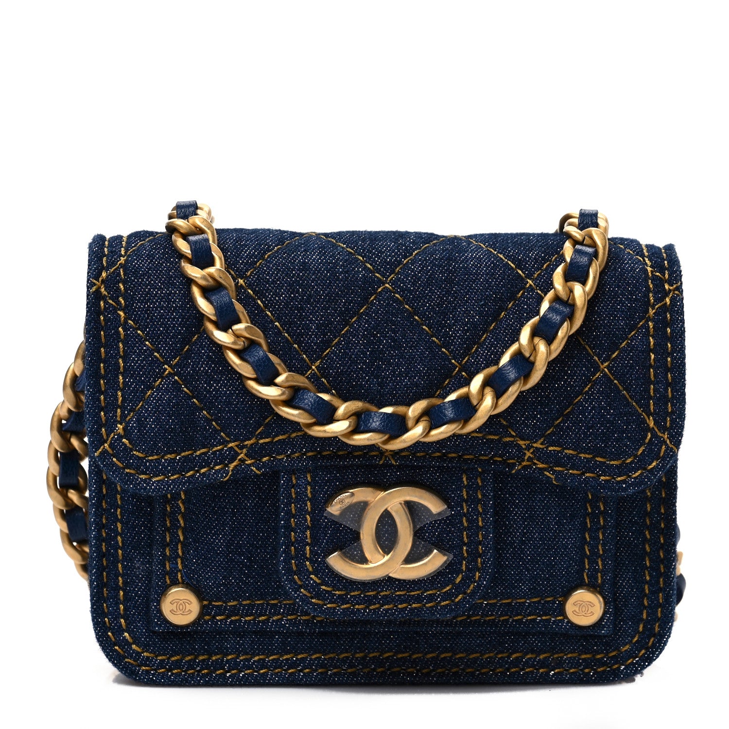 Chanel Denim Quilted Double You Card Holder On Chain Blue 1 of 7