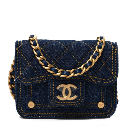 Chanel Denim Quilted Double You Card Holder On Chain Blue 1 of 7