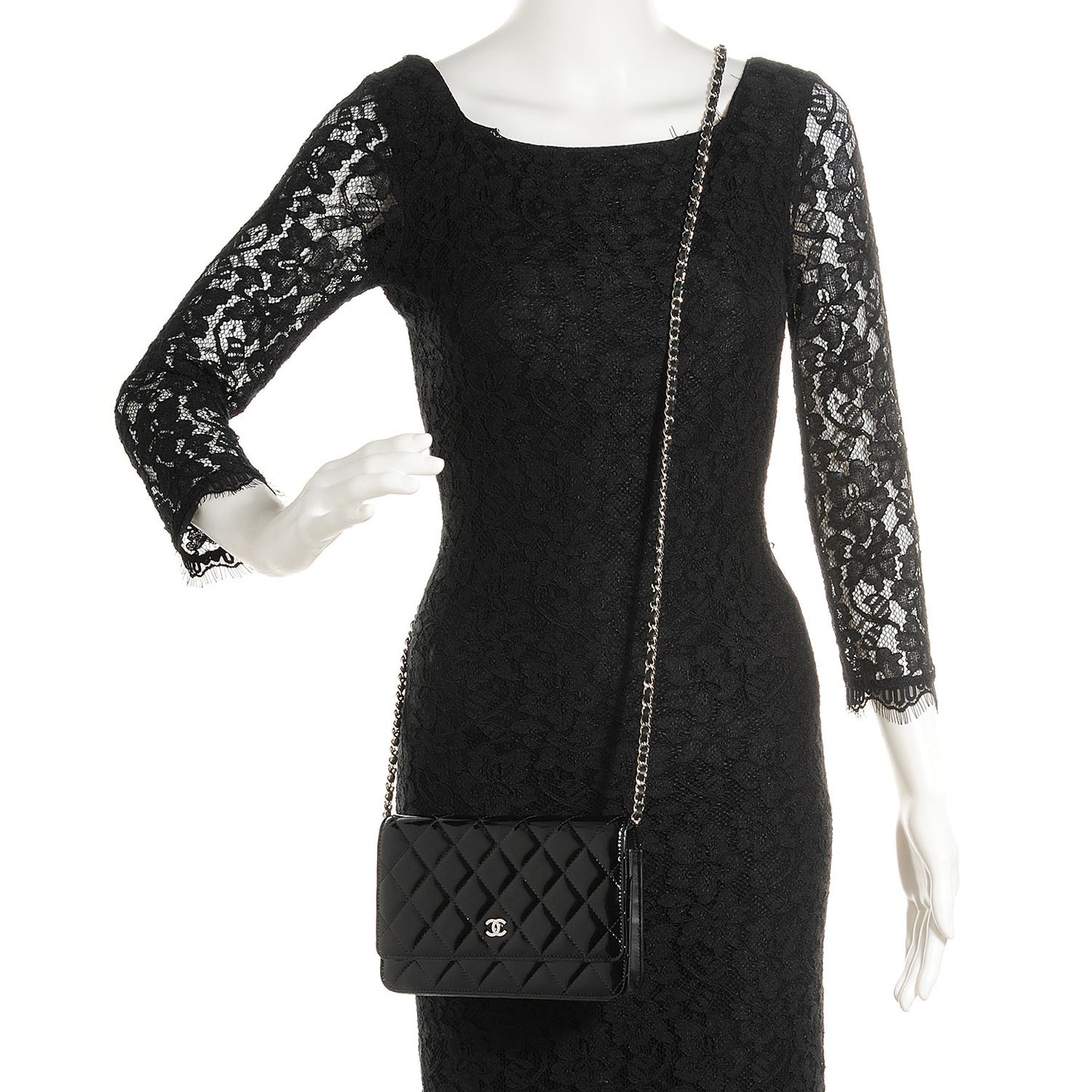 Patent Quilted Wallet On Chain WOC Black