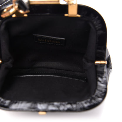 Balenciaga Shiny Supple Calfskin Logo Crocodile Embossed Cloud Coin Purse With Strap Black White 5 of 10