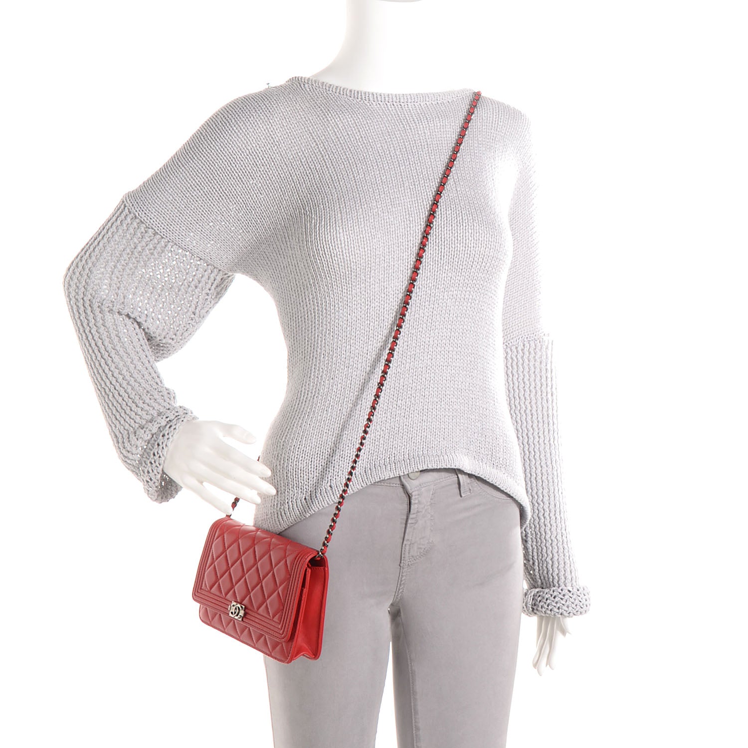 Chanel Lambskin Quilted Boy Wallet On Chain WOC Red 2 of 8