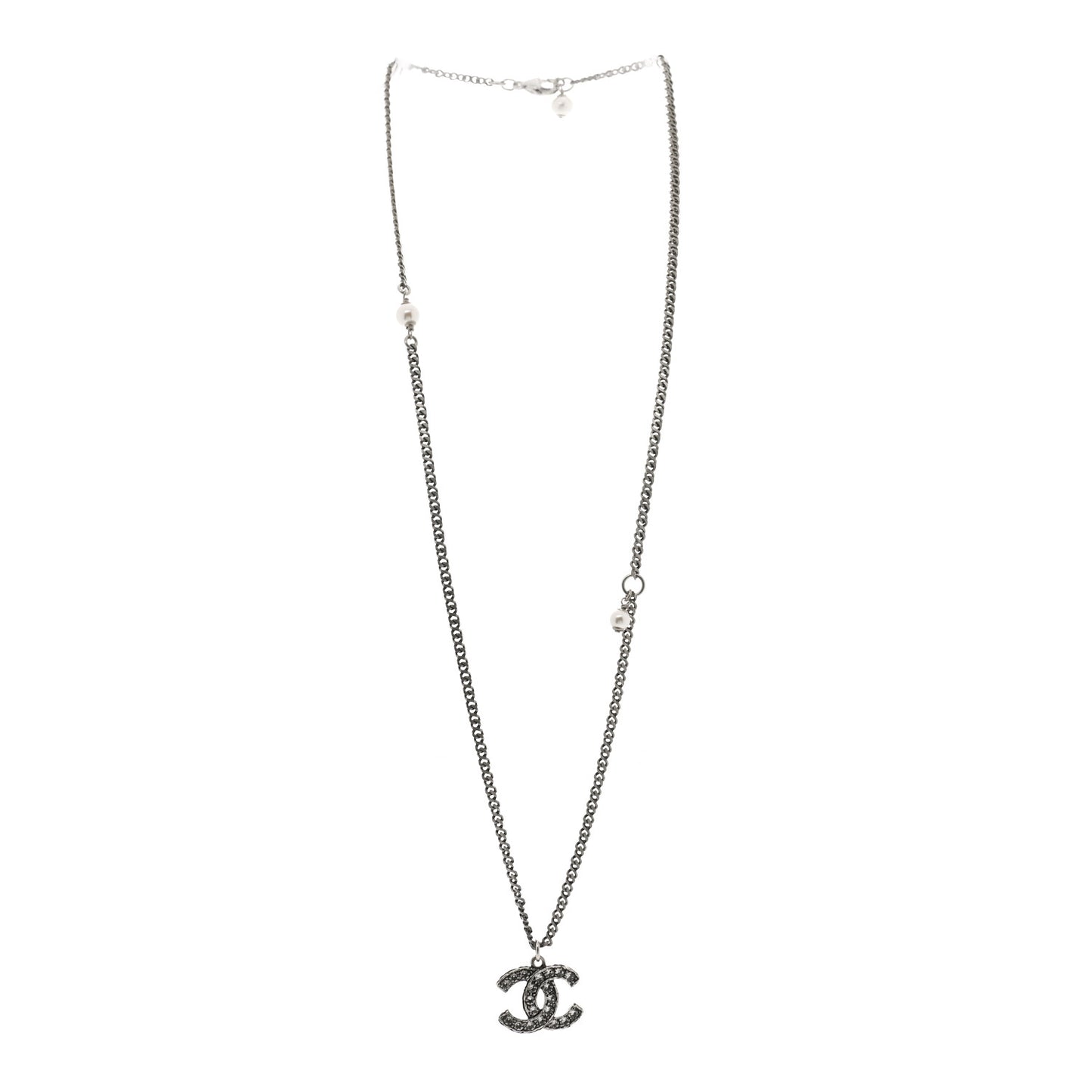 Pearl Crystal CC Pendant Necklace Silver