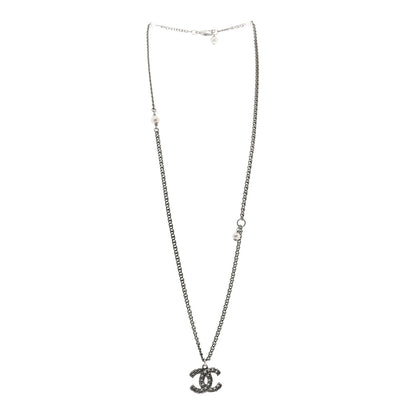 Chanel Pearl Crystal CC Pendant Necklace Silver 3 of 5