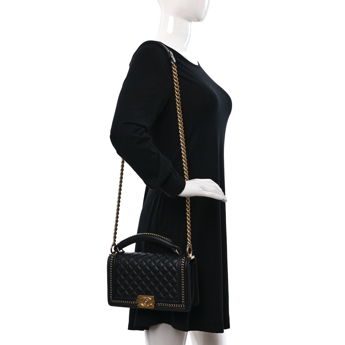 Calfskin Quilted Medium Boy Top Handle Flap Black