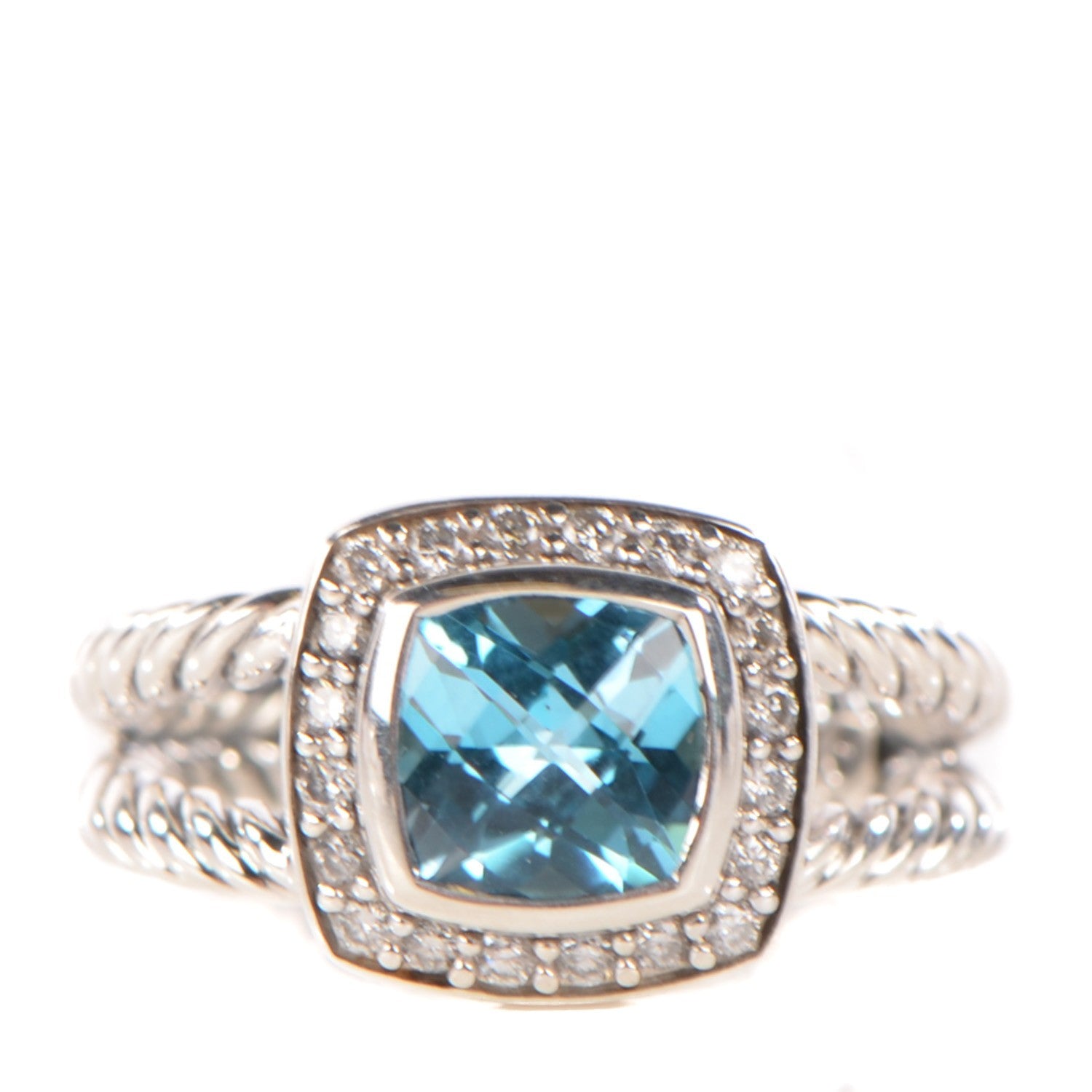 David Yurman Sterling Silver Pave Diamond Blue Topaz 7mm Petite Albion Ring 5.75 1 of 6