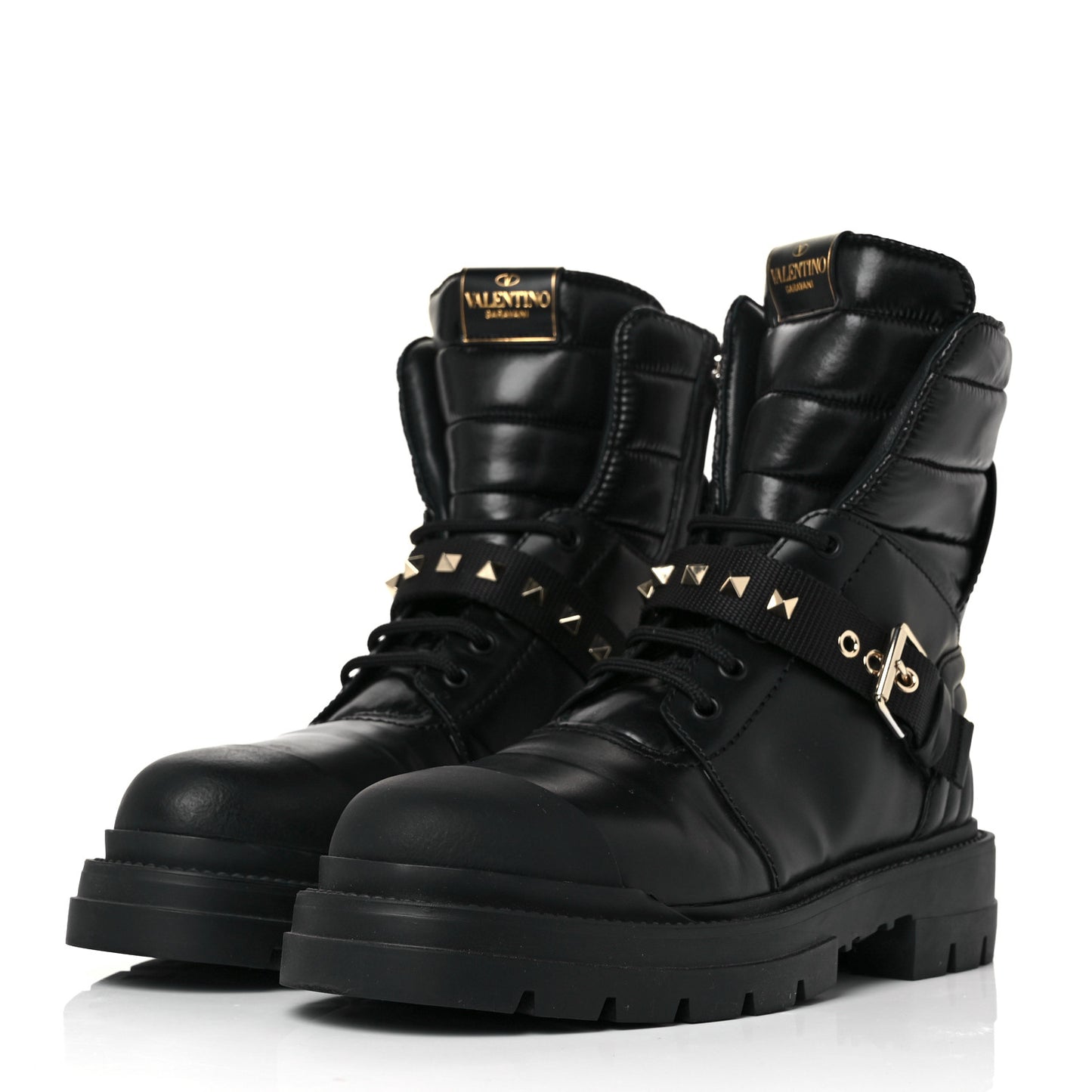 Calfskin Nylon Quilted Waterproof Rockstud Combat Boots 39 Black