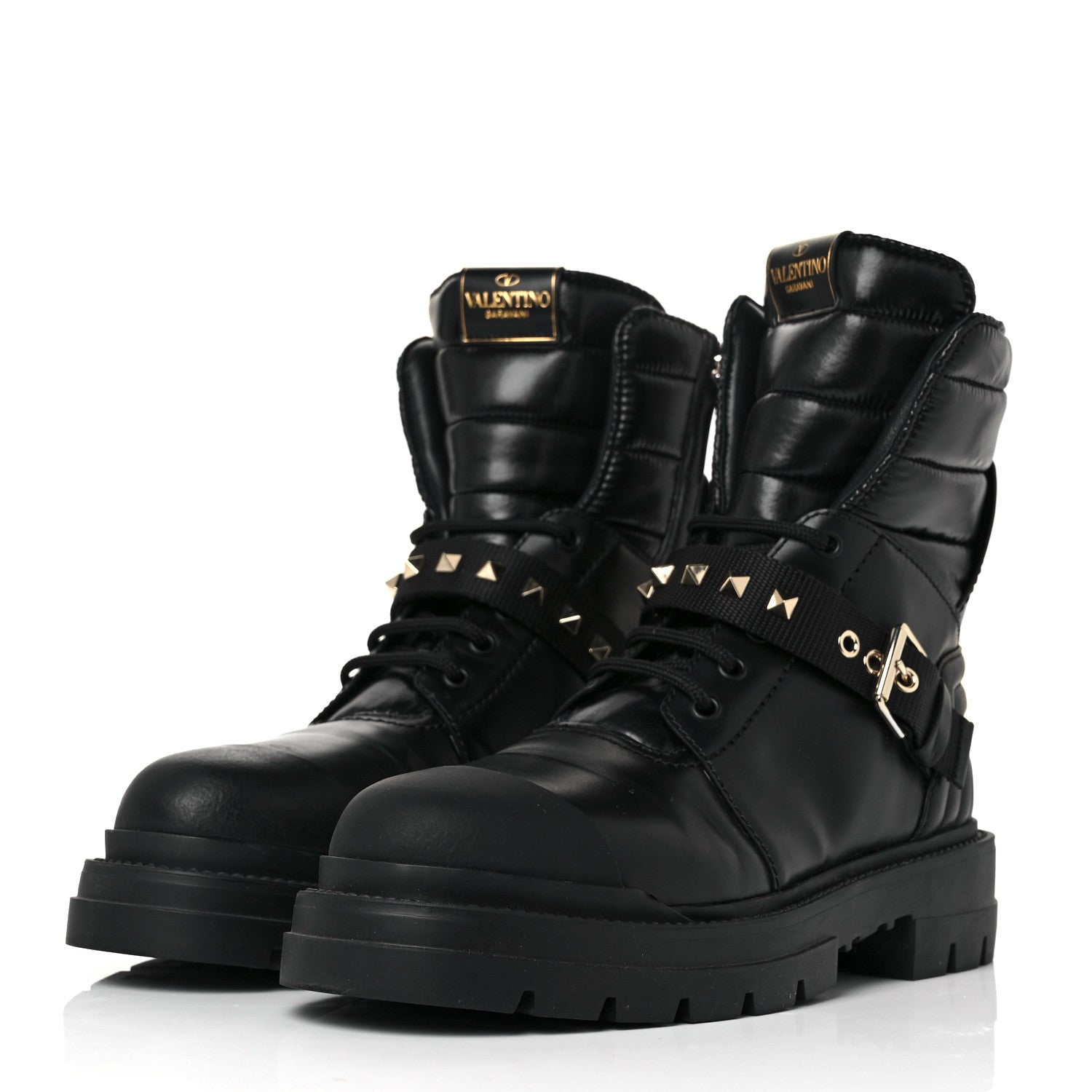 Valentino Garavani Calfskin Nylon Quilted Waterproof Rockstud Combat Boots 39 Black 3 of 8