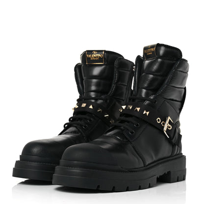 Valentino Garavani Calfskin Nylon Quilted Waterproof Rockstud Combat Boots 39 Black 3 of 8