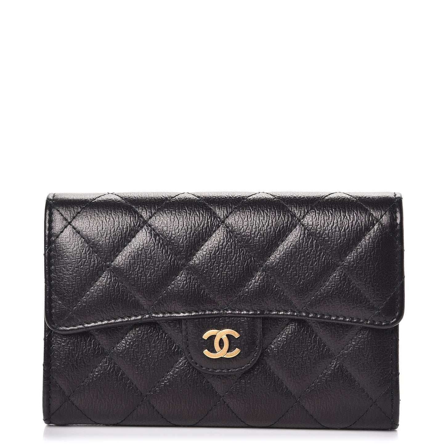 Letter Calfskin Embossed Quilted Small Flap Wallet Black