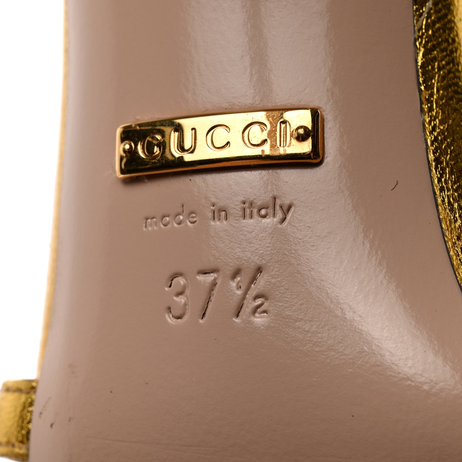 Gucci Metallic Nappa Silk Pearl Studded Regina T-Strap High Heel Sandals 37.5 Oro Vecchio 7 of 8