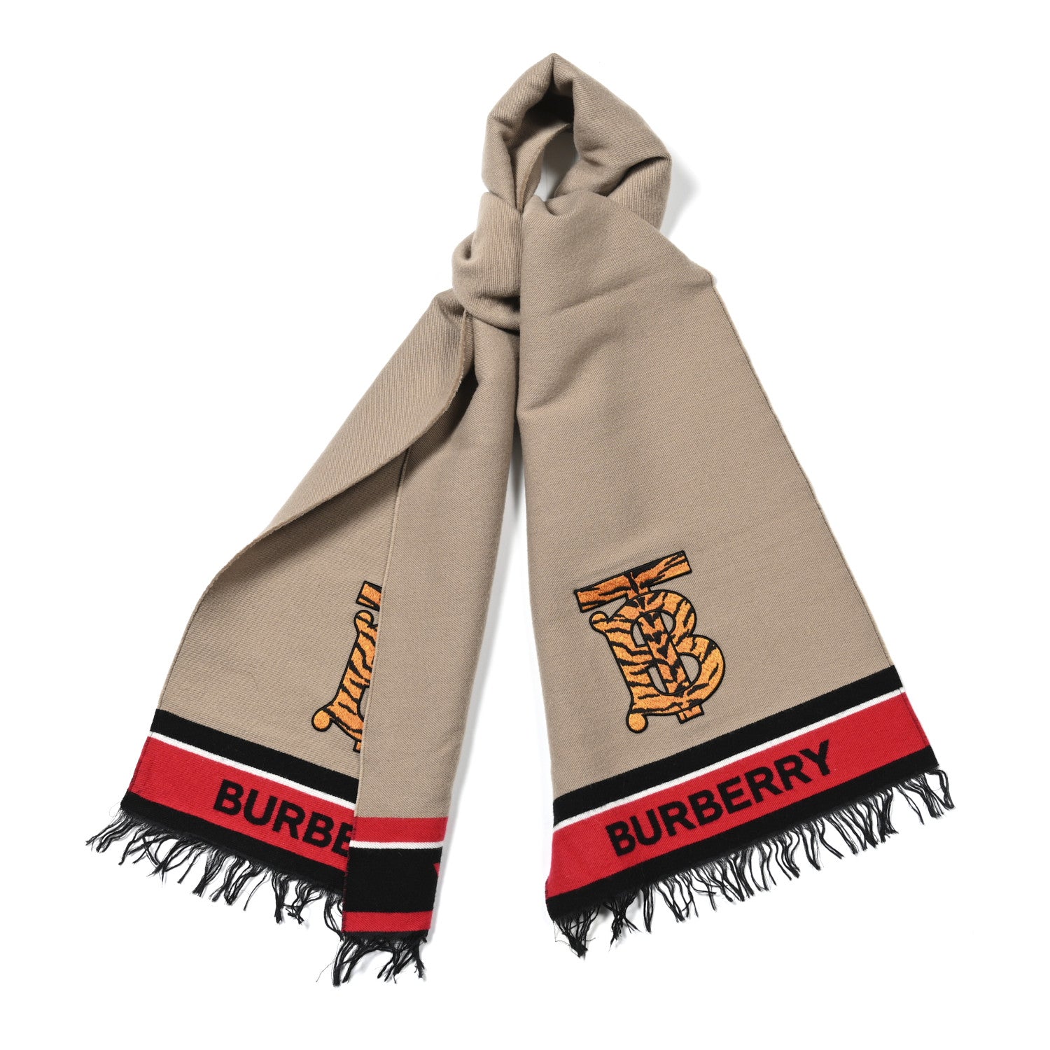 Burberry Wool Tiger TB Fringe Scarf Beige 1 of 4