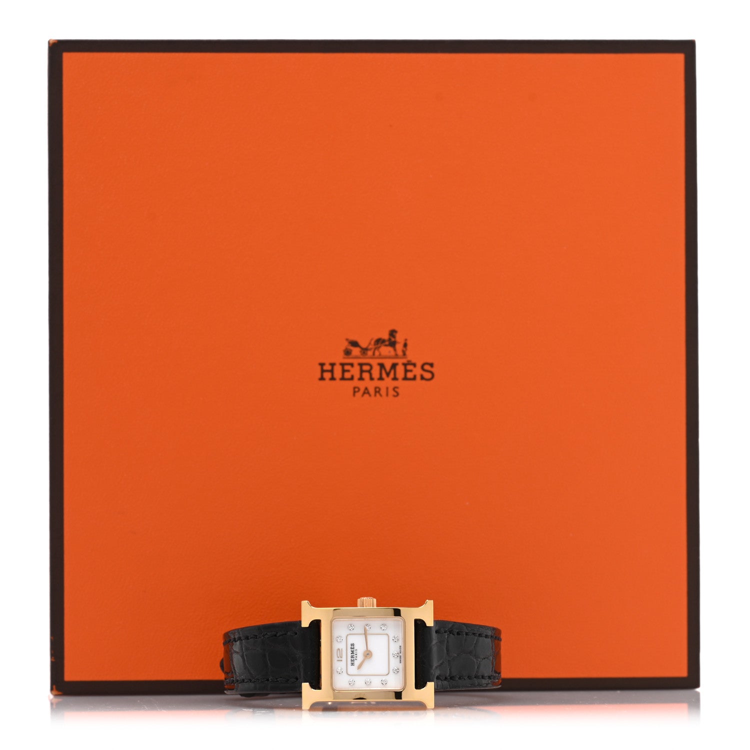 Hermes Stainless Steel Alligator Diamond Mother of Pearl 17.2mm Heure H Hour Quartz Watch Noir 5 of 5