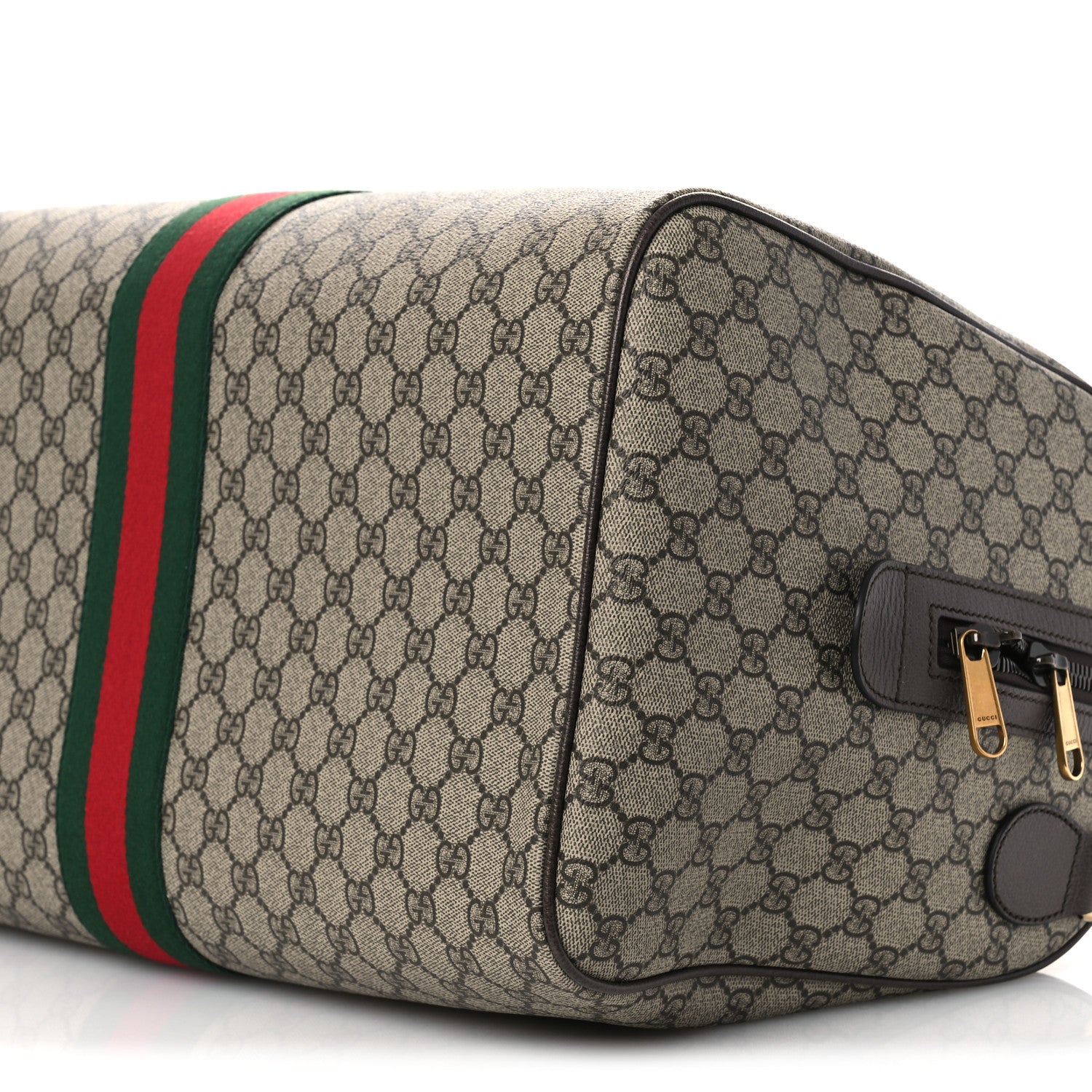Gucci GG Supreme Monogram Textured Dollar Calfskin Web Medium Savoy Duffle Bag Beige Dark Brown 10 of 12