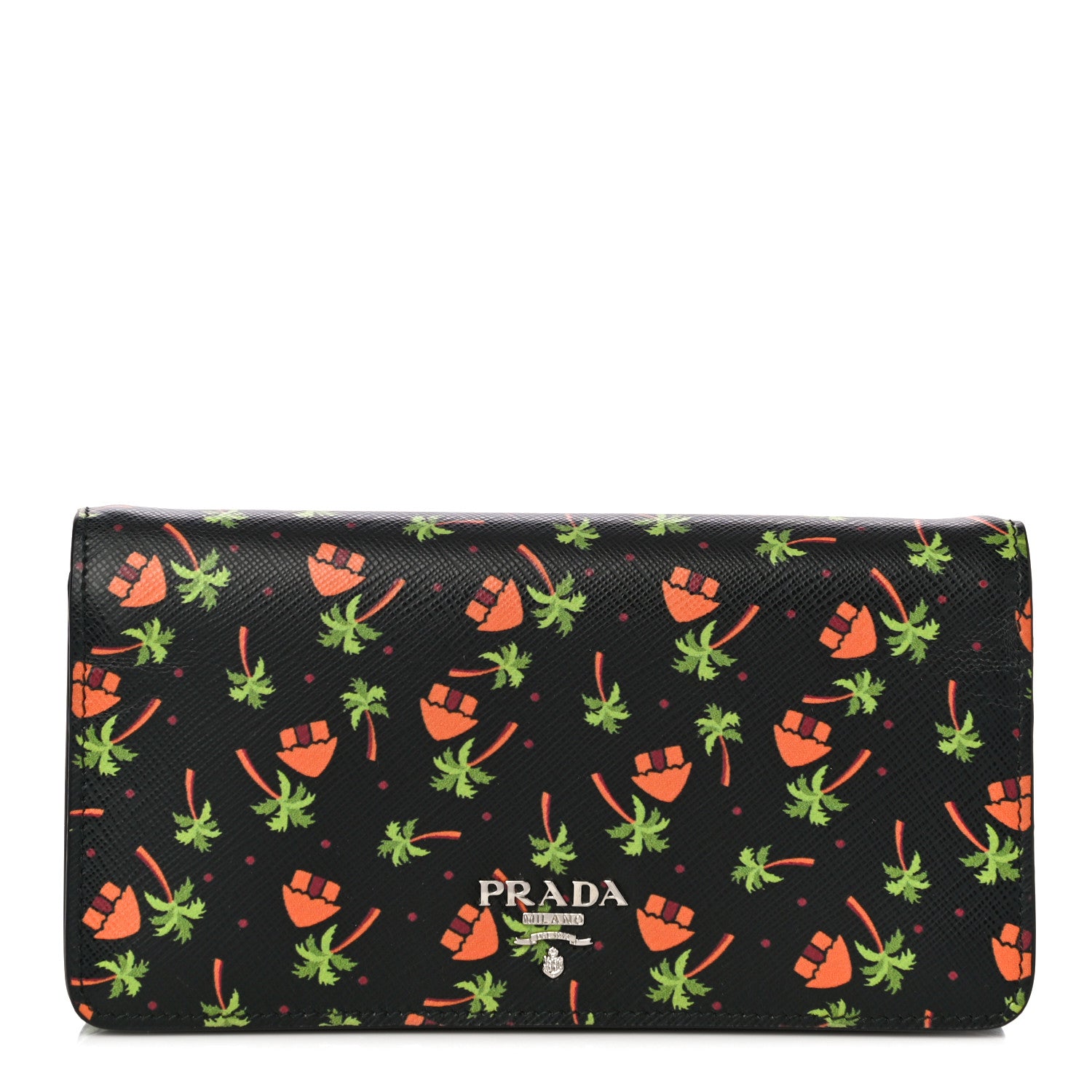 Prada Saffiano Palm Tree Print Chain Wallet Black 1 of 10