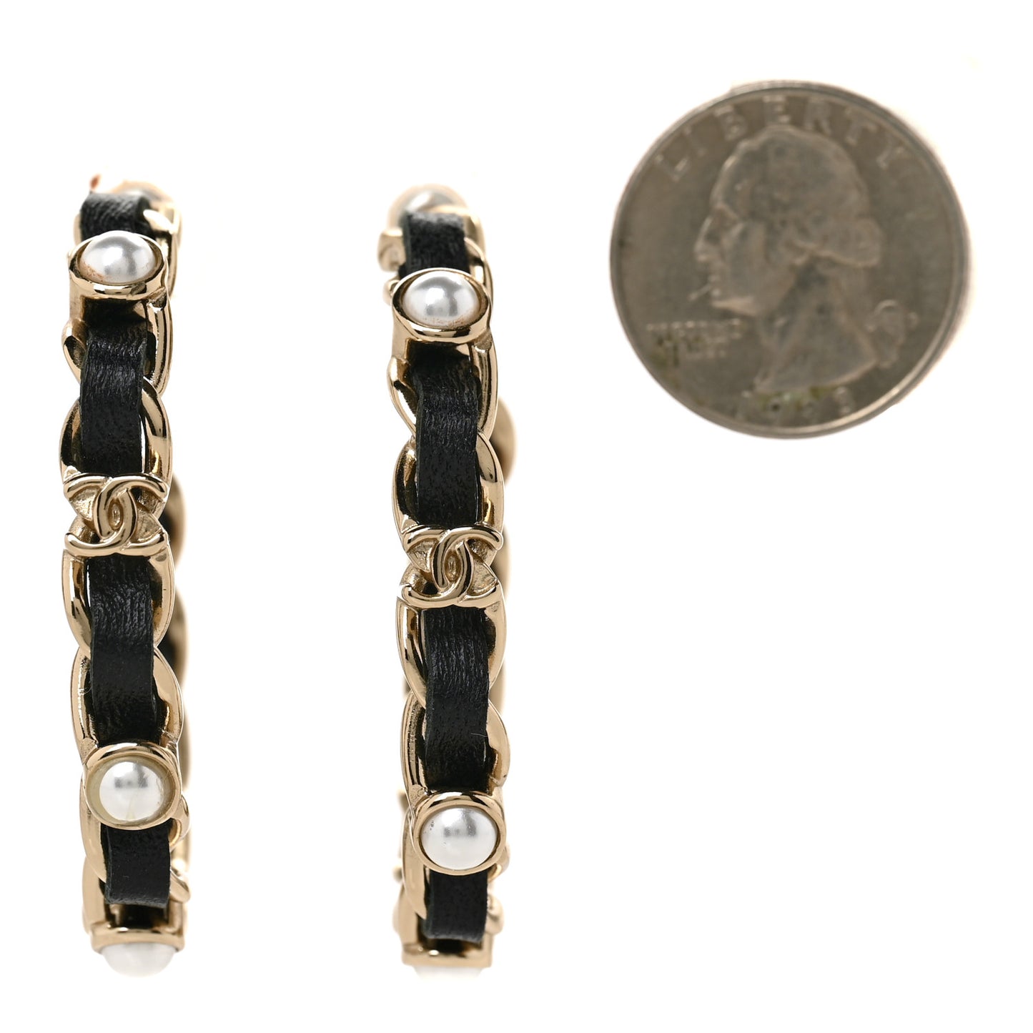 Lambskin Pearl CC Chain Hoop Earrings Gold Black