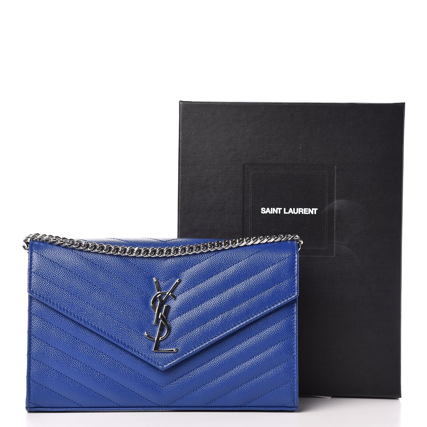 Saint Laurent Grain De Poudre Matelasse Chevron Monogram Chain Wallet Blue Majorelle 9 of 9
