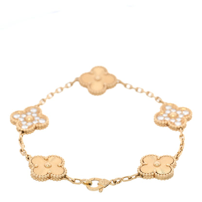 Van Cleef & Arpels 18K Yellow Gold Diamond 5 Motifs Guilloche Vintage Alhambra Bracelet 2 of 5