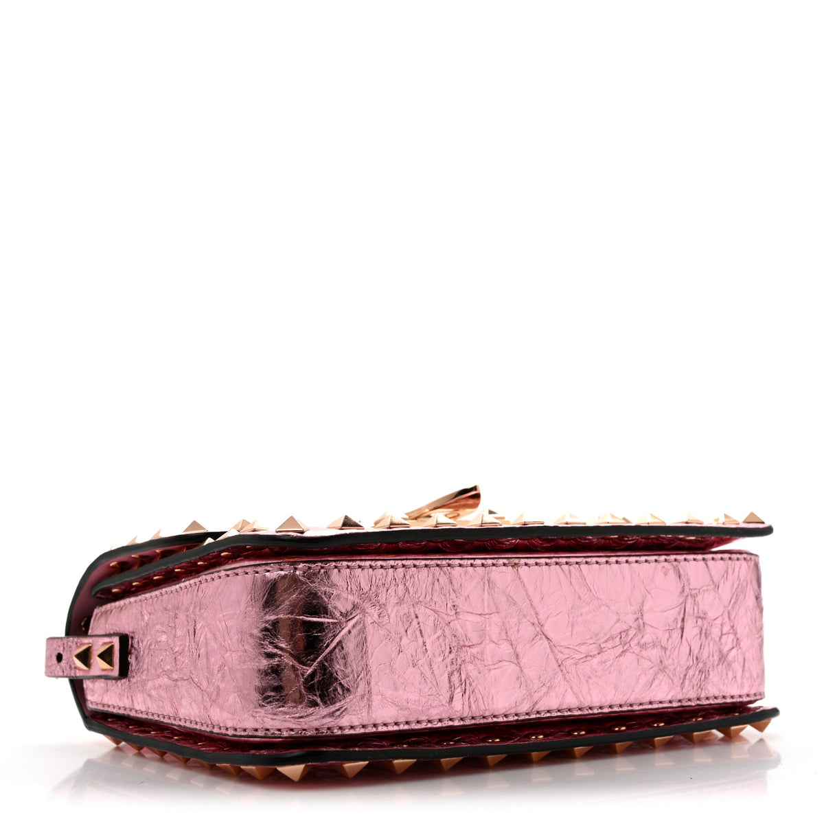 Valentino Garavani Metallic Crackle Effect Calfskin Rockstud Flip Lock Shoulder Bag Rose Cannelle 4 of 12