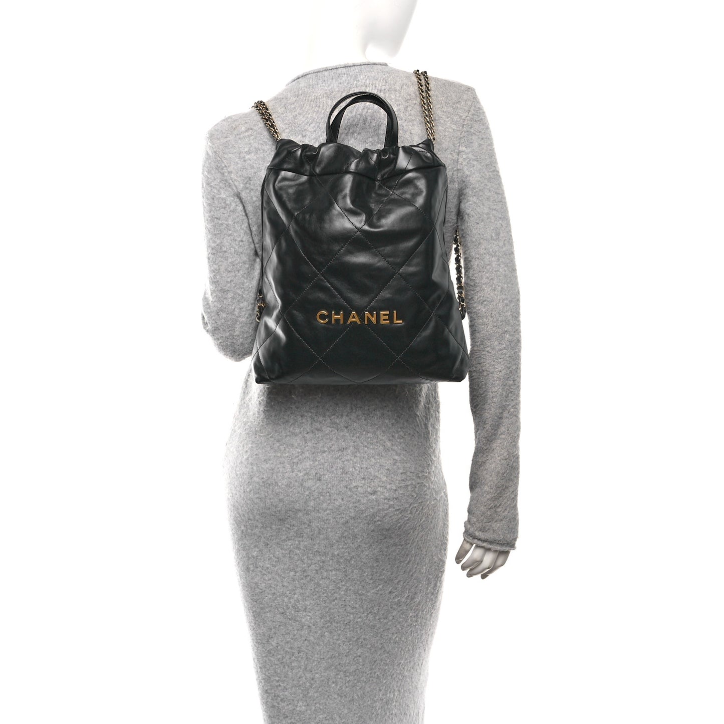 Shiny Calfskin Quilted Chanel 22 Backpack Black