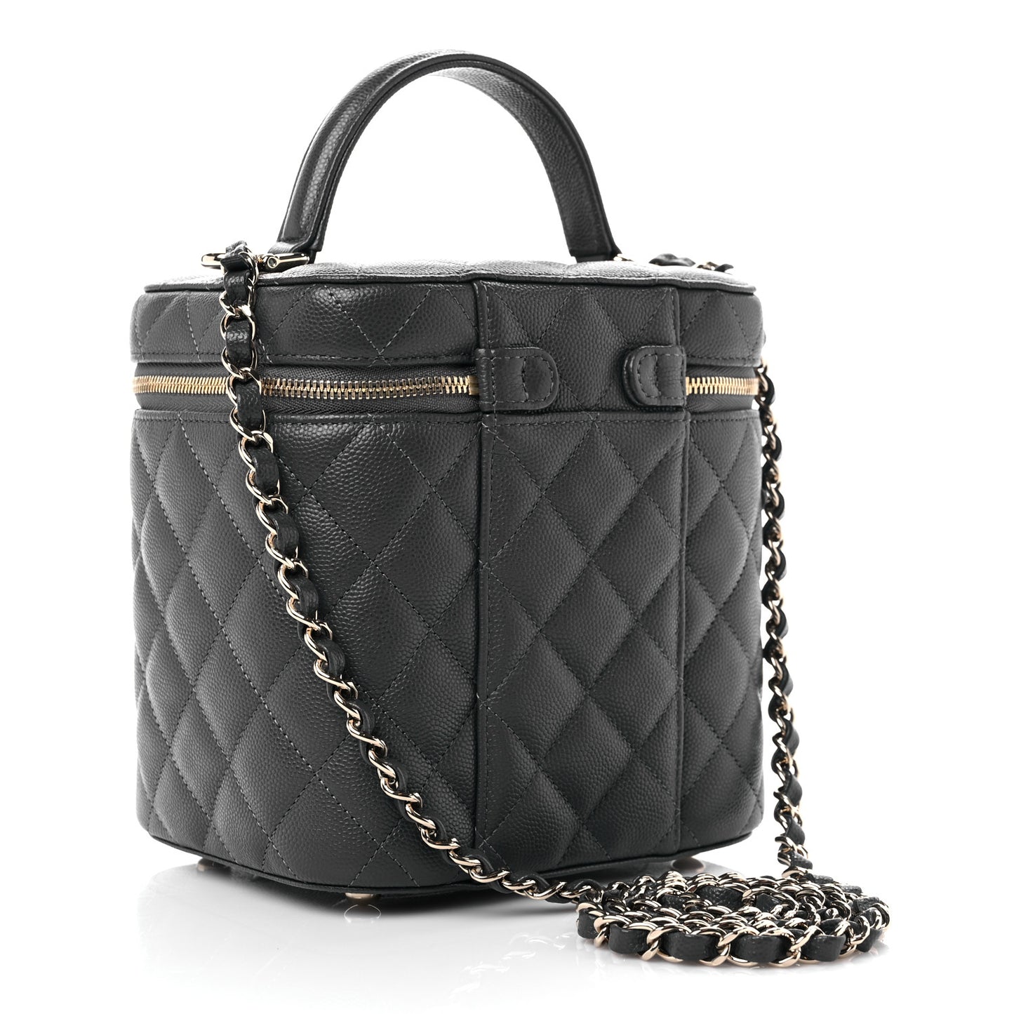 Caviar Quilted Small Top Handle Vanity Case With Chain Dark Grey