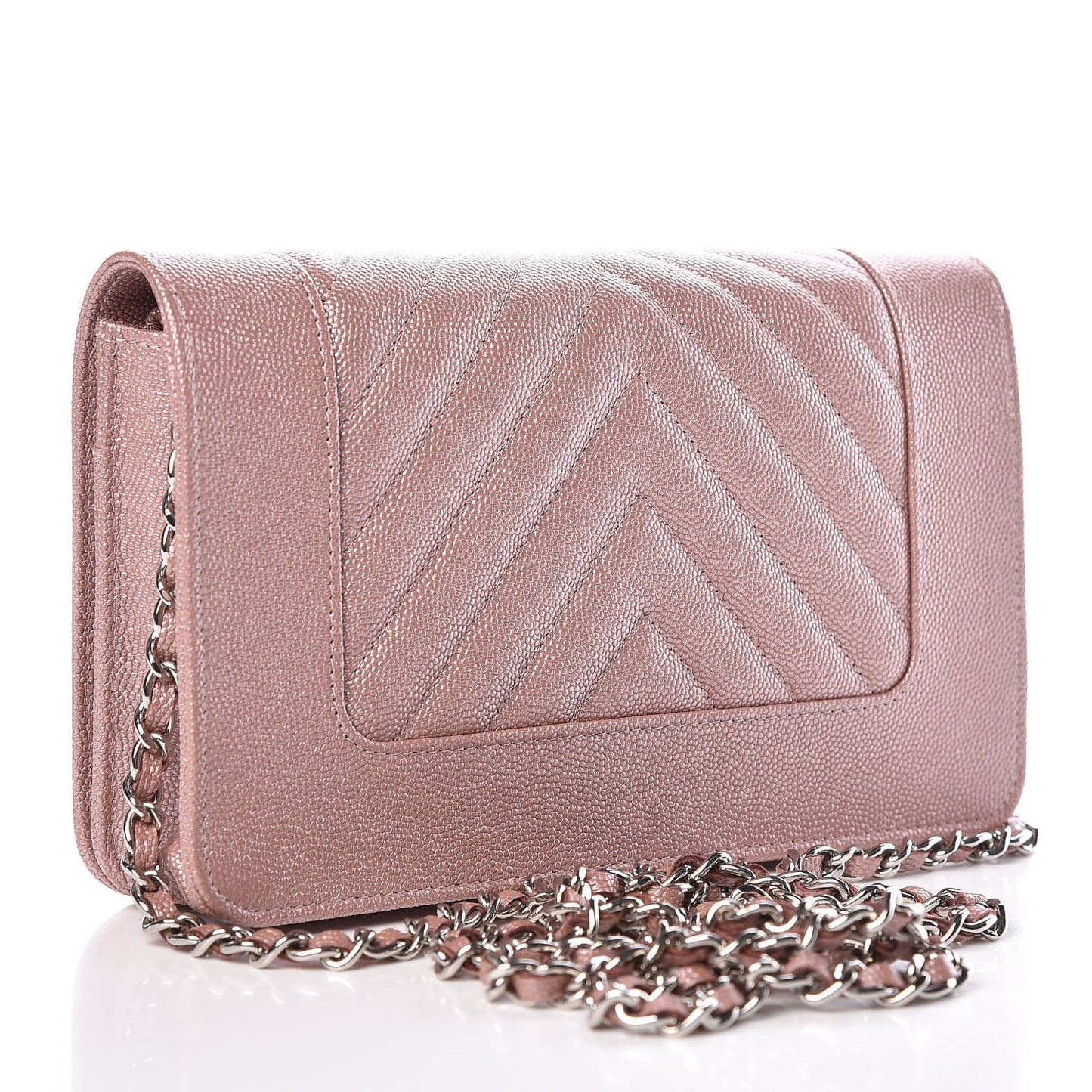 Metallic Caviar Chevron Quilted Vintage Mademoiselle Wallet On Chain WOC Pink