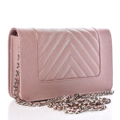 Chanel Metallic Caviar Chevron Quilted Vintage Mademoiselle Wallet On Chain WOC Pink 3 of 12