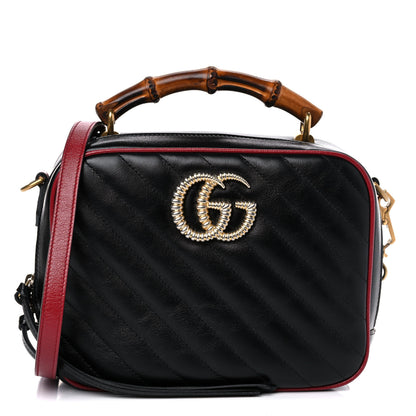 Gucci Vintage Effect Calfskin Matelasse Diagonal Small Torchon GG Marmont Bamboo Top Handle Shoulder Bag Black Romantic Cherry 1 of 11